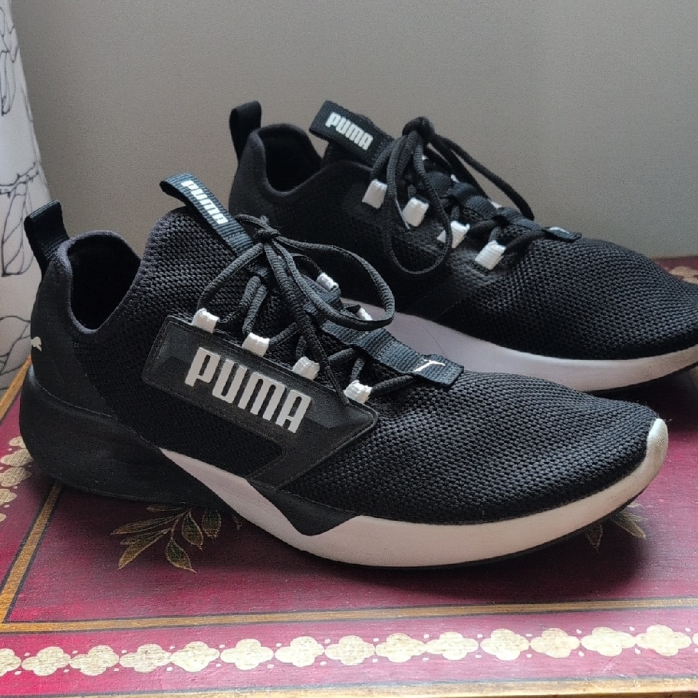 Puma Black and White Knit Runner Sneakers